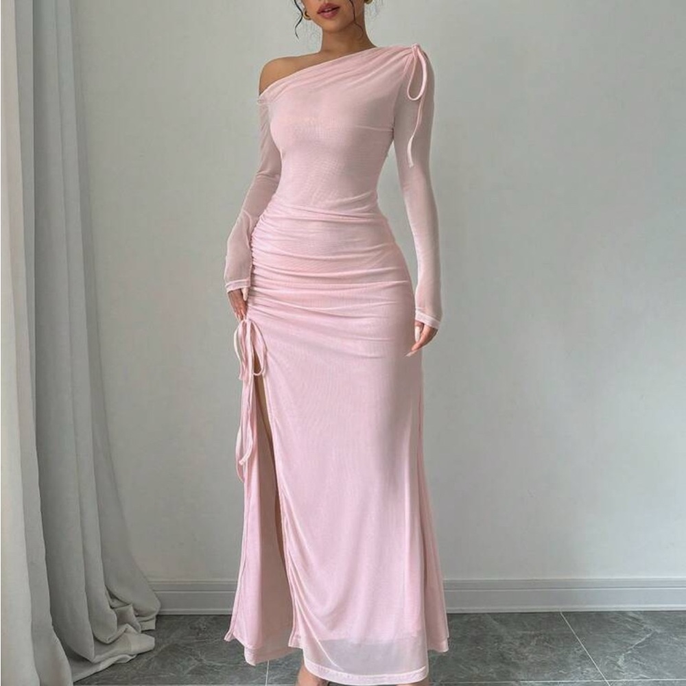 Pink One Shoulder Ruched Gown